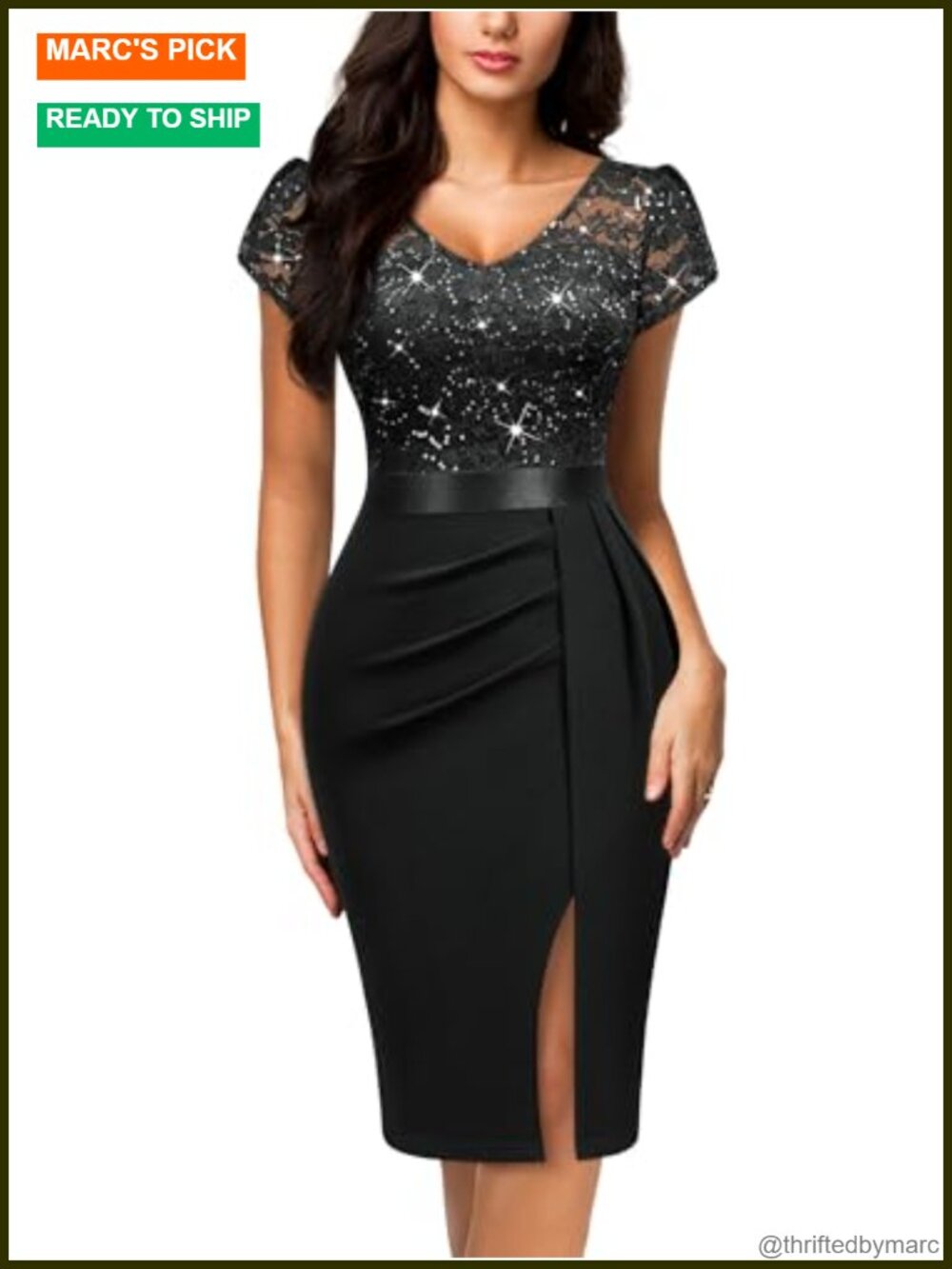 Classy Sequin Lace Cocktail Dress with Cap Sleeves and Front Slit